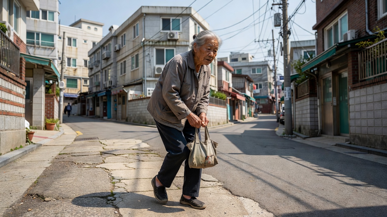 미아동 아파트 언덕 경사 심한 단지 실거주 불편을 보여주는 노약자 오르막 이동 장면